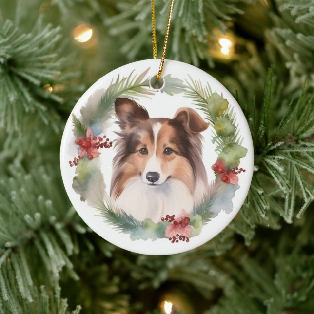 Shetland Sheepdog Christmas Wreath Festive Pup Ceramic Ornament (Tree)