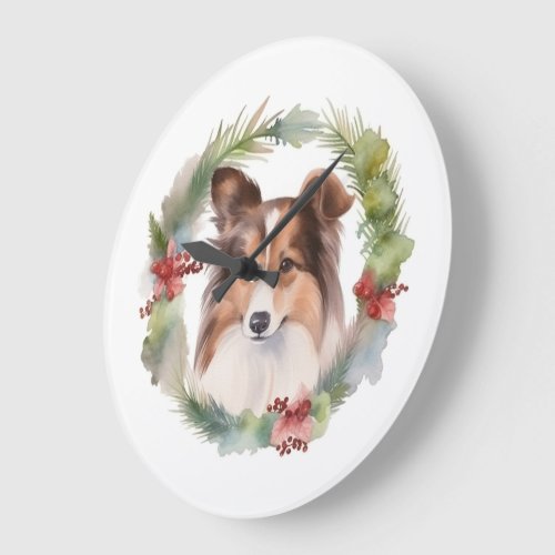 Shetland Sheepdog Christmas Wreath Festive Pup Large Clock