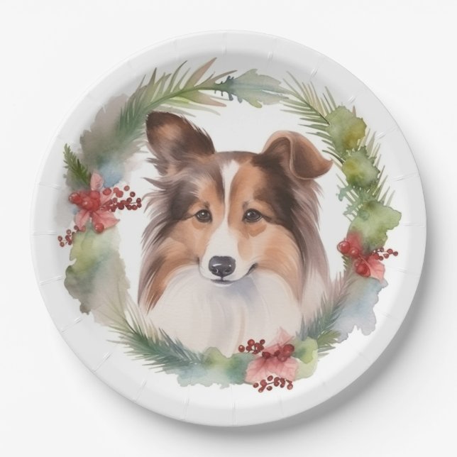Shetland Sheepdog Christmas Wreath Festive Pup Paper Plates (Front)