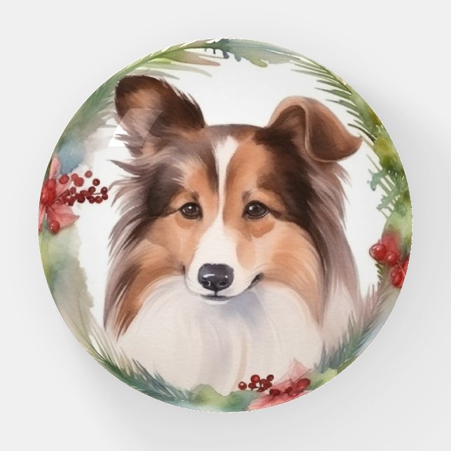 Shetland Sheepdog Christmas Wreath Festive Pup Paperweight (Front)