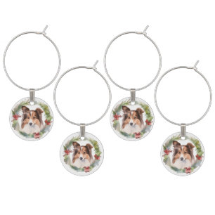 Shetland Sheepdog Christmas Wreath Festive Pup Wine Charm