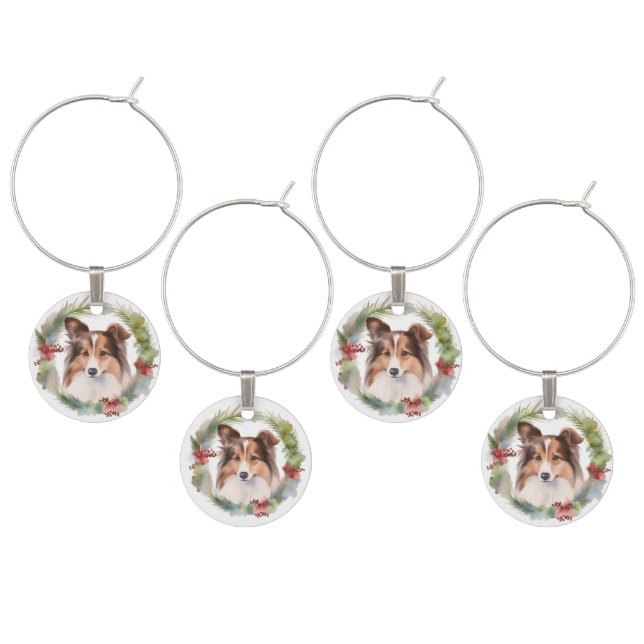 Shetland Sheepdog Christmas Wreath Festive Pup Wine Charm (Staggered)