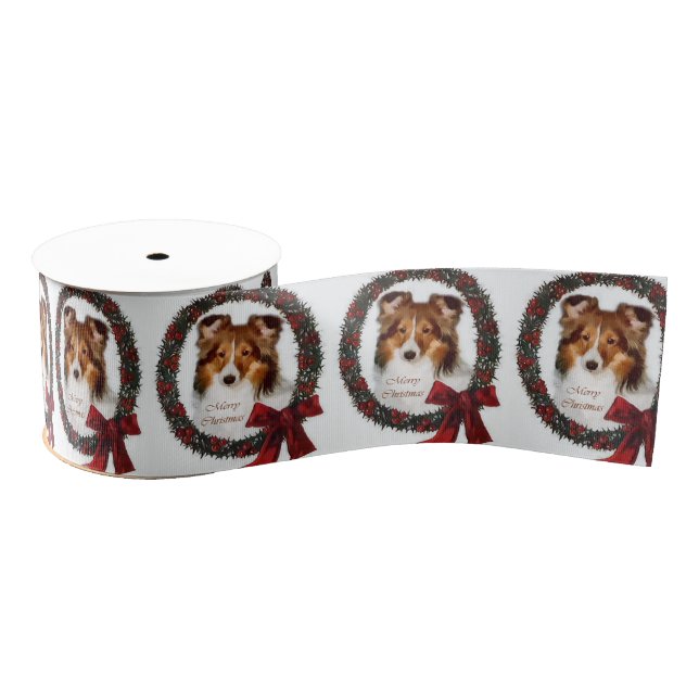 Shetland Sheepdog Christmas Wreath Grosgrain Ribbon (Spool)