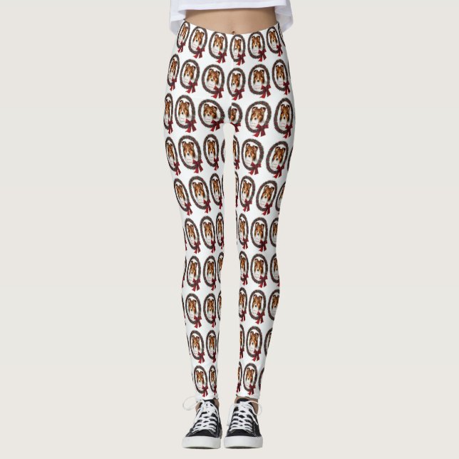 Shetland Sheepdog Christmas Wreath  Leggings (Front)
