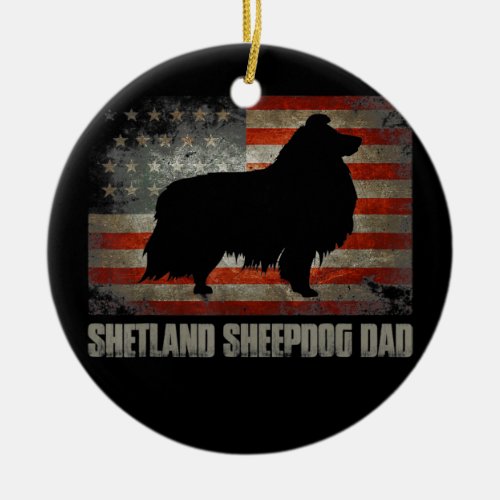 Shetland Sheepdog Dad Vintage American Flag Ceramic Ornament