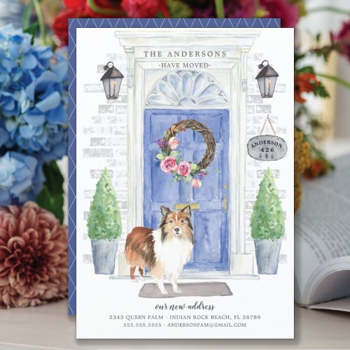 Shetland Sheepdog Front Door Moving Announcement - Announce your new address with our stylish announcement featuring a Shetland Sheepdog, blue front door, welcome mat, slate sign, topiaries and a floral wreath set on a gray brick background.