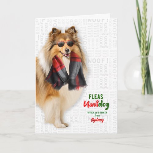Shetland Sheepdog Funny Fleas Navidog with Name Holiday Card