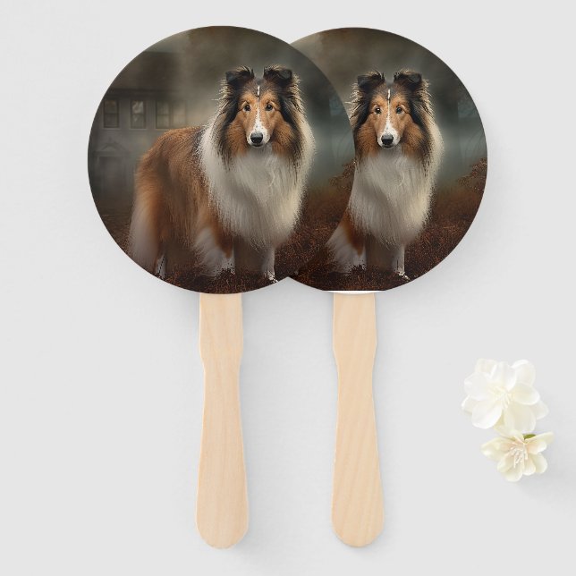 Shetland Sheepdog Halloween Scary Hand Fan (Front and Back)