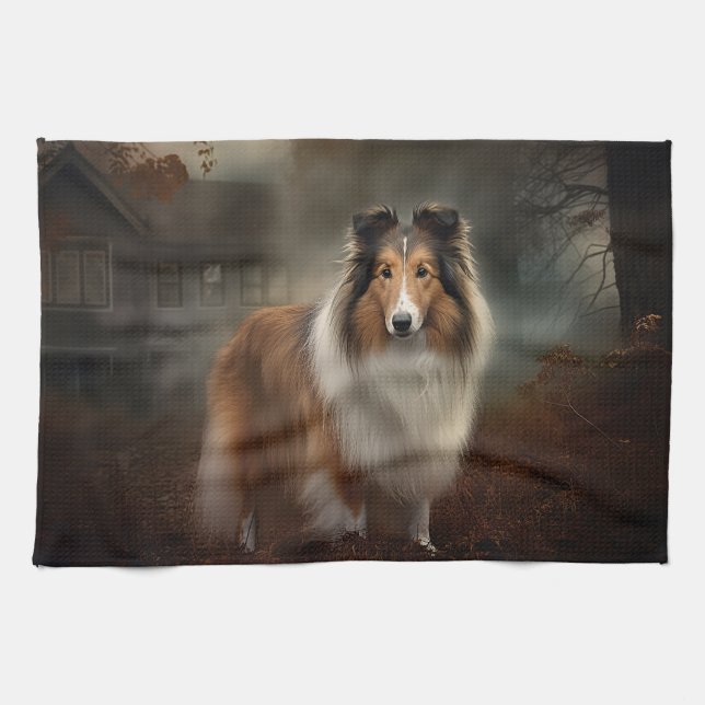 Shetland Sheepdog Halloween Scary Kitchen Towel (Horizontal)