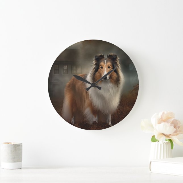 Shetland Sheepdog Halloween Scary Large Clock (Home)