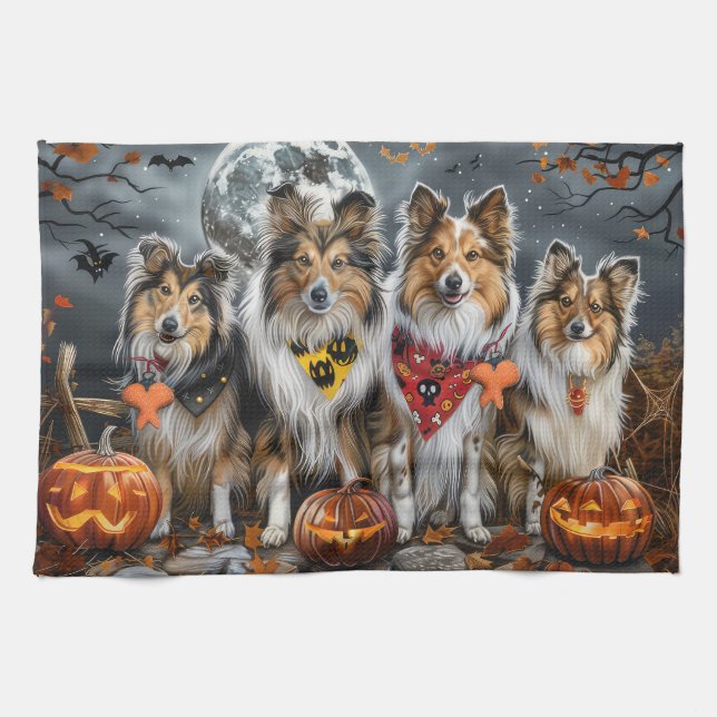 Shetland Sheepdog Halloween Spooky  Kitchen Towel (Horizontal)