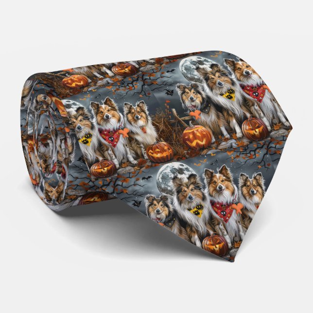 Shetland Sheepdog Halloween Spooky  Neck Tie (Rolled)