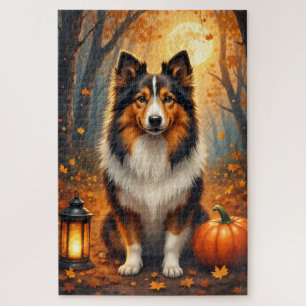 Shetland Sheepdog Harvest Moon Halloween Portrait Jigsaw Puzzle