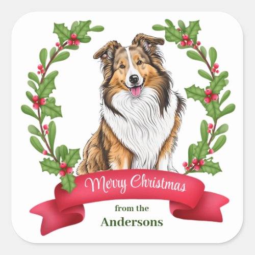 Shetland Sheepdog Holly Banner Christmas Square Sticker