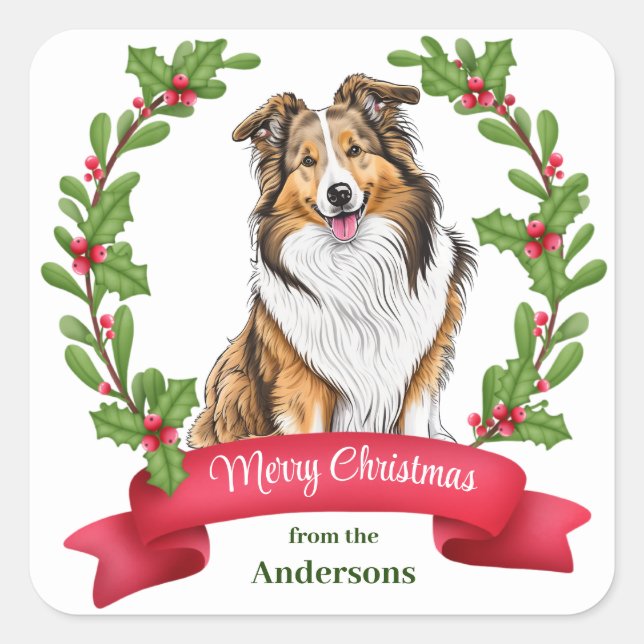 Shetland Sheepdog Holly Banner Christmas Square Sticker (Front)