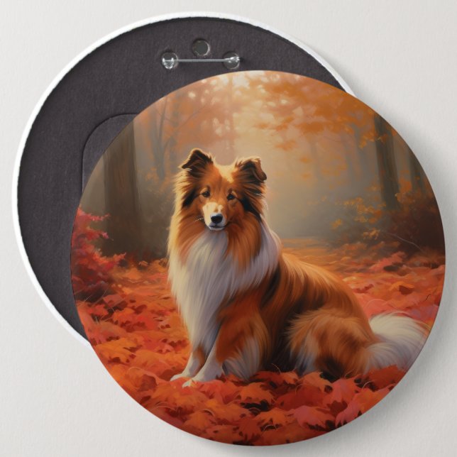 Shetland Sheepdog in Autumn Leaves Fall Inspire  Button (Front & Back)