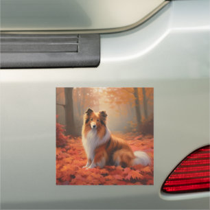 Shetland Sheepdog in Autumn Leaves Fall Inspire Car Magnet