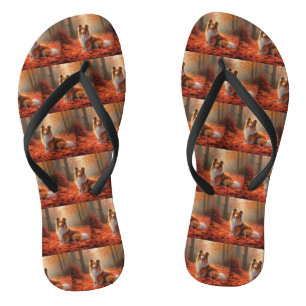 Shetland Sheepdog in Autumn Leaves Fall Inspire  Flip Flops