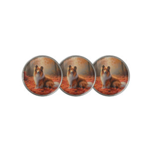 Shetland Sheepdog in Autumn Leaves Fall Inspire Golf Ball Marker