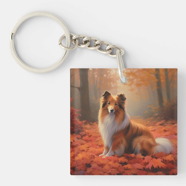 Shetland Sheepdog in Autumn Leaves Fall Inspire  Keychain (Front)
