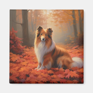 Shetland Sheepdog in Autumn Leaves Fall Inspire Magnet