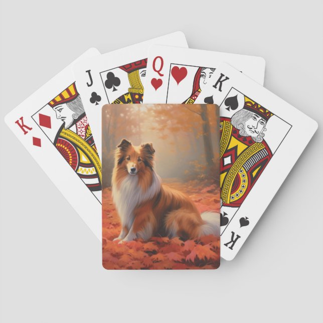 Shetland Sheepdog in Autumn Leaves Fall Inspire  Poker Cards (Back)