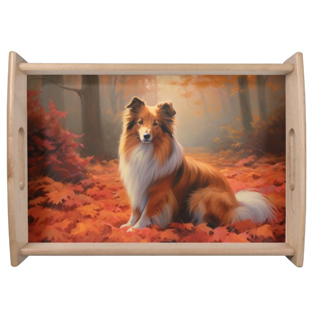 Shetland Sheepdog in Autumn Leaves Fall Inspire  Serving Tray (Front)