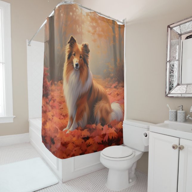 Shetland Sheepdog in Autumn Leaves Fall Inspire  Shower Curtain (In Situ)