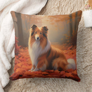 Shetland Sheepdog in Autumn Leaves Fall Inspire  Throw Pillow