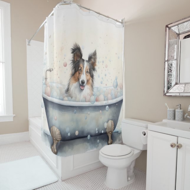 Shetland Sheepdog In Bathtub Watercolor Dog Art  Shower Curtain (In Situ)