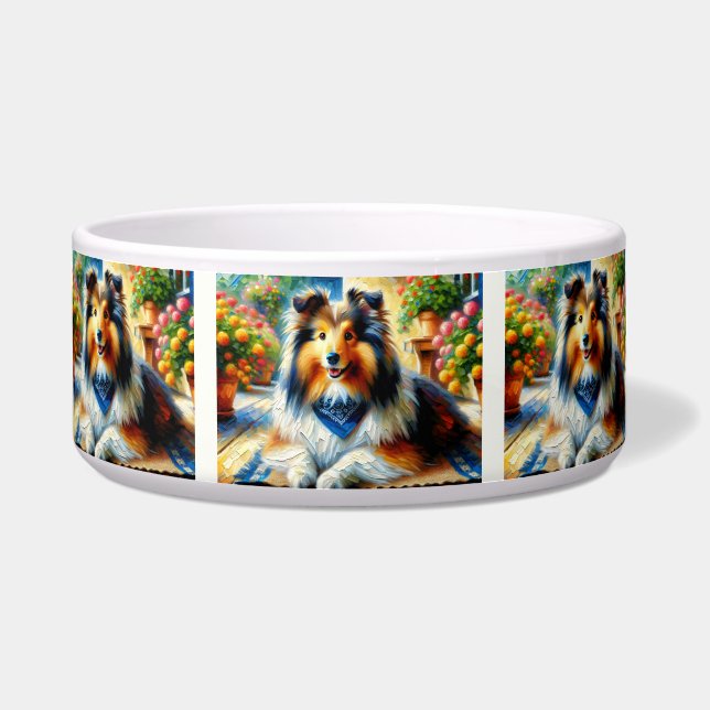 Shetland Sheepdog in Cottage Garden Scene Bowl (Front)
