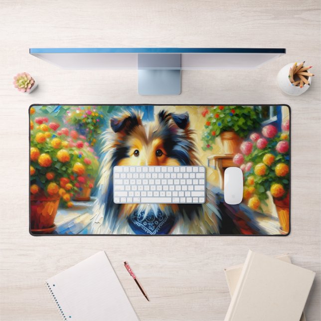 Shetland Sheepdog in Cottage Garden Scene Desk Mat (Office 1)