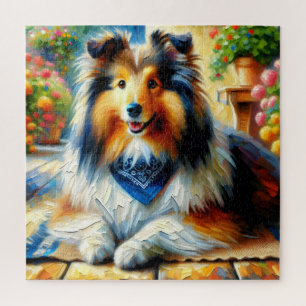 Shetland Sheepdog in Cottage Garden Scene Jigsaw Puzzle