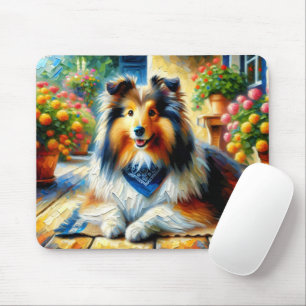 Shetland Sheepdog in Cottage Garden Scene Mouse Pad