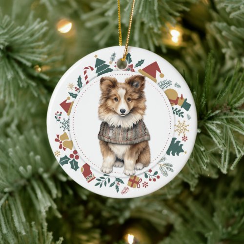 Shetland Sheepdog in Winter Sweater Christmas Ceramic Ornament