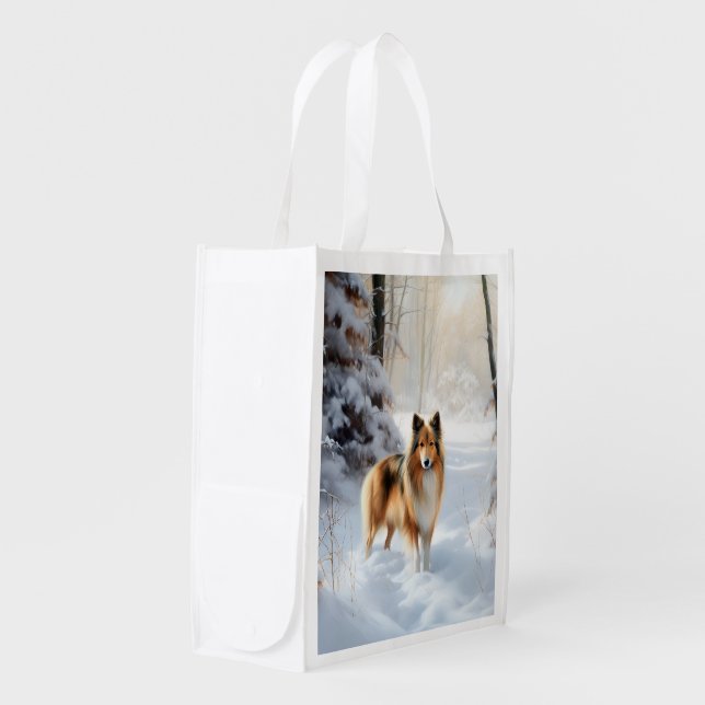 Shetland Sheepdog Let It Snow Christmas Grocery Bag (Front Side)
