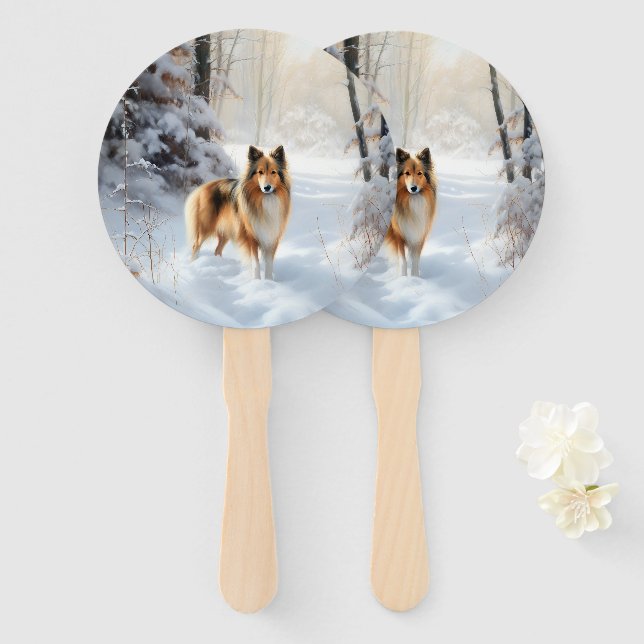 Shetland Sheepdog Let It Snow Christmas Hand Fan (Front and Back)