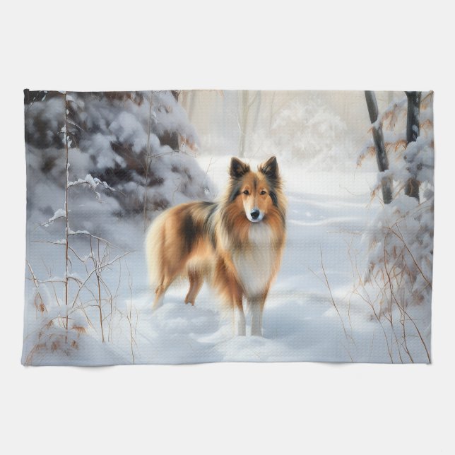 Shetland Sheepdog Let It Snow Christmas Kitchen Towel (Horizontal)