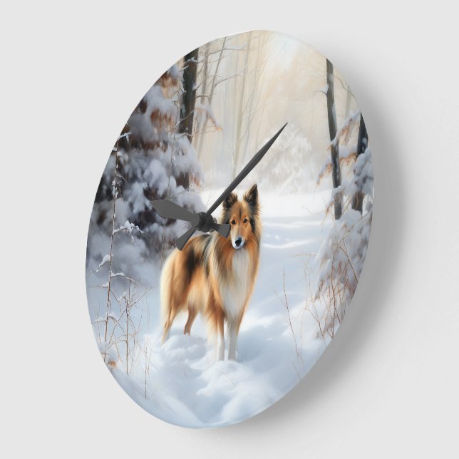 Shetland Sheepdog Let It Snow Christmas Large Clock (Angle)