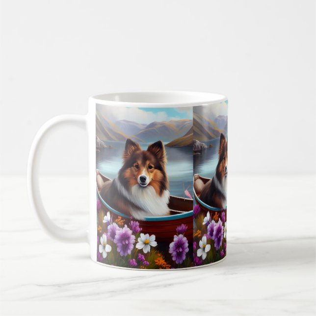 Shetland Sheepdog on a Paddle: A Scenic Adventure Coffee Mug (Left)