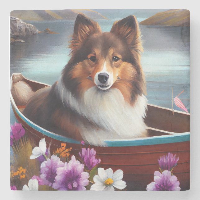 Shetland Sheepdog on a Paddle: A Scenic Adventure Stone Coaster (Front)