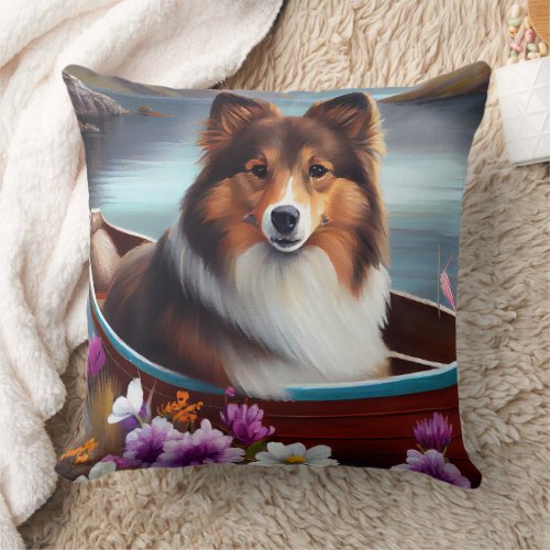 Shetland Sheepdog on a Paddle A Scenic Adventure  Throw Pillow