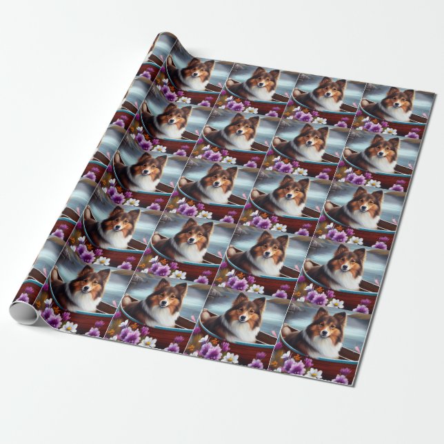 Shetland Sheepdog on a Paddle: A Scenic Adventure Wrapping Paper (Unrolled)