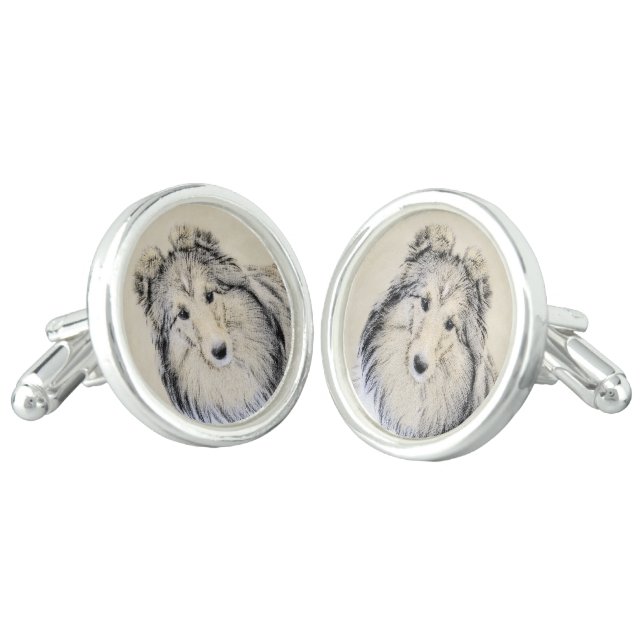 Shetland Sheepdog Painting - Cute Original Dog Art Cufflinks (Angled)