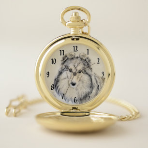 Shetland Sheepdog Painting - Cute Original Dog Art Pocket Watch
