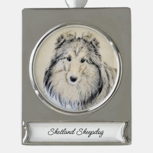 Shetland Sheepdog Painting _ Cute Original Dog Art Silver Plated Banner Ornament