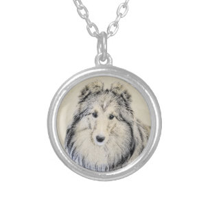 Shetland Sheepdog Painting - Cute Original Dog Art Silver Plated Necklace