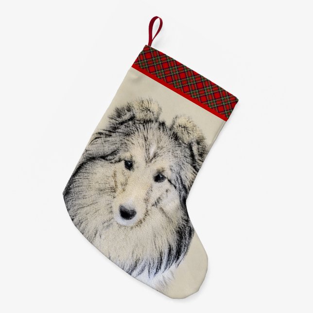 Shetland Sheepdog Painting - Cute Original Dog Art Small Christmas Stocking (Front (Hanging))