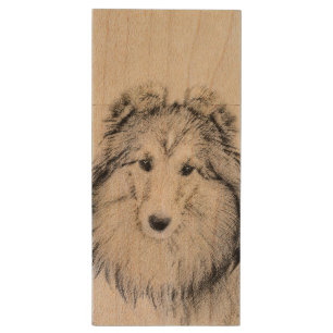 Shetland Sheepdog Painting - Cute Original Dog Art Wood Flash Drive