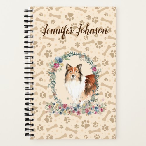 Shetland Sheepdog Paw Print  Floral Cute Notebook